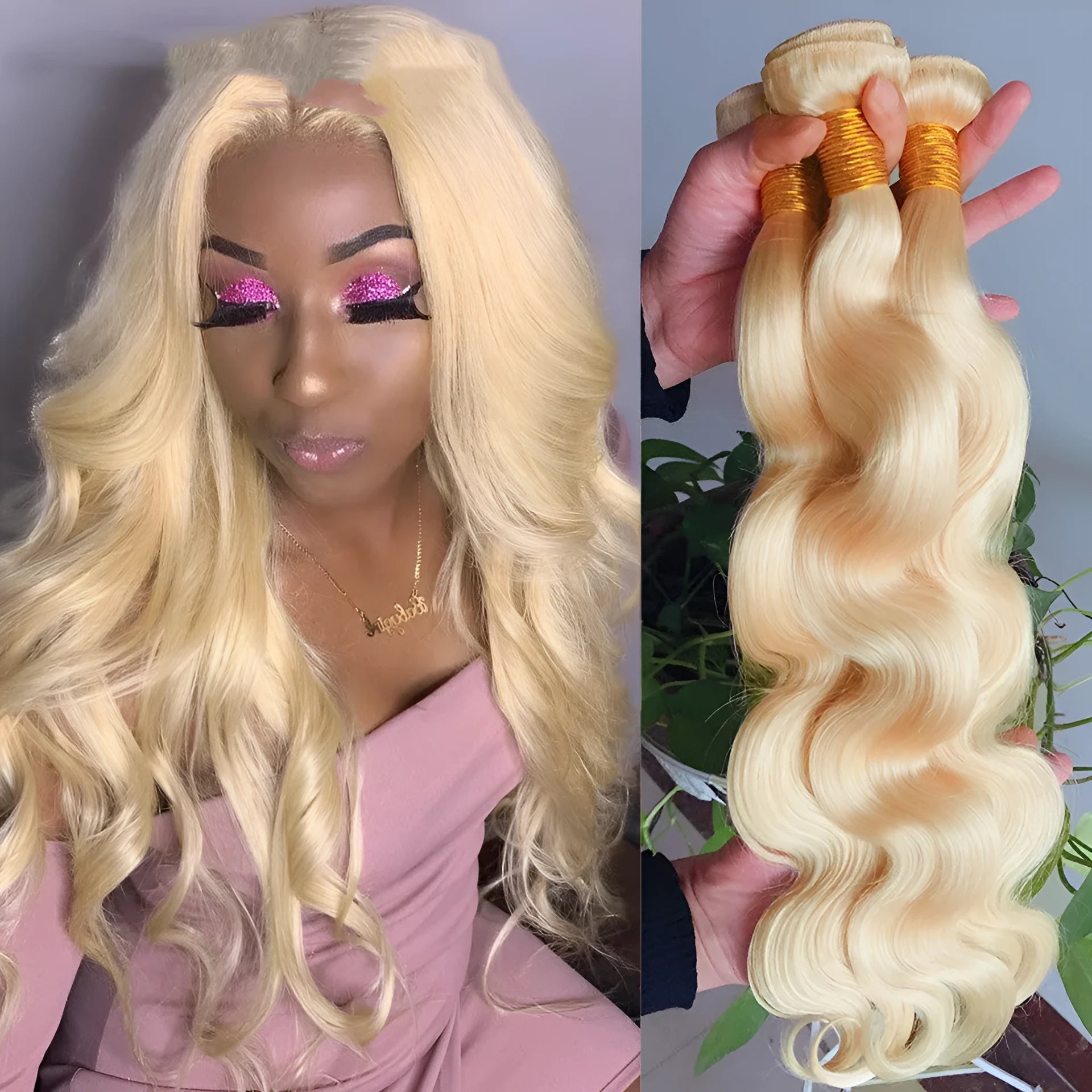 Light gold 613 body wave wig with snake wavy texture on a mannequin head showing 16-24 inch length options