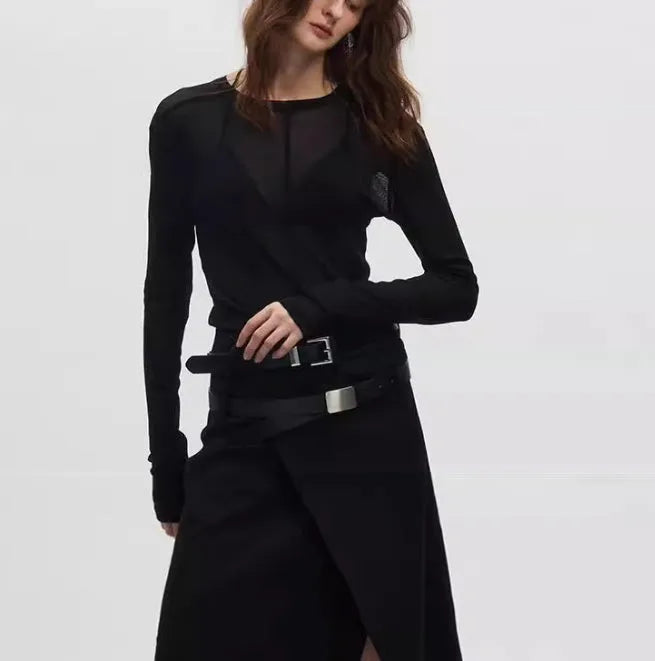 Black slim-fit women's pullover top with see-through mesh texture and long sleeves.