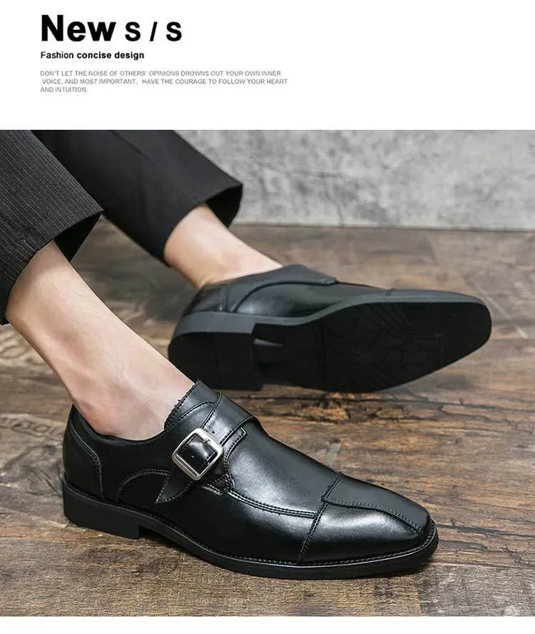 Men's British style leather shoes with retro buckle in brown blue and black colours