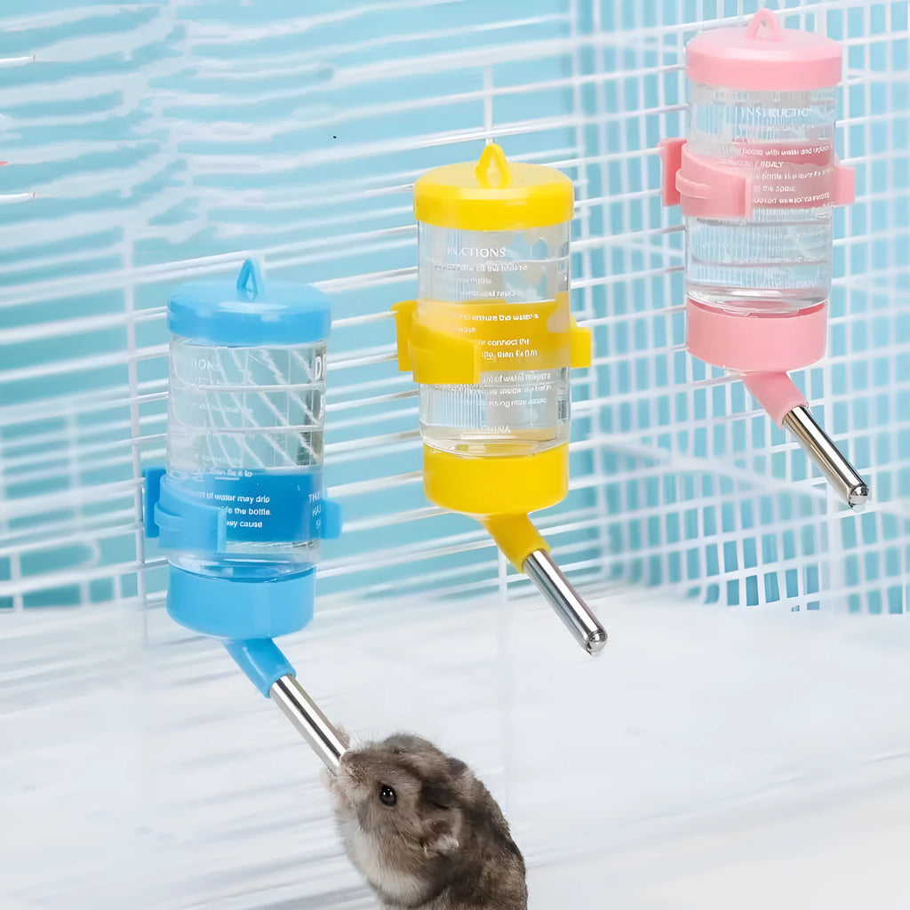 A green plastic ball kettle leak-proof water feeder for pet rodents, shown alongside yellow, pink, white, and sky blue colour options.