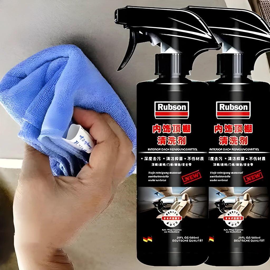 UL ultrasonic fabric roof foam decontamination cleaner bottle with towel and sponge wipes for vehicle ceilings.
