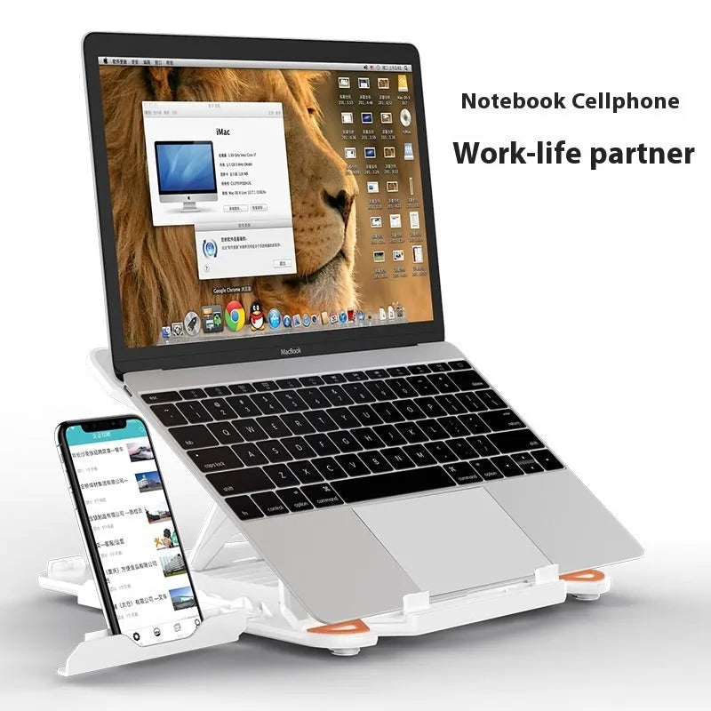 Black laptop bracket with integrated strap phone holder on a desk