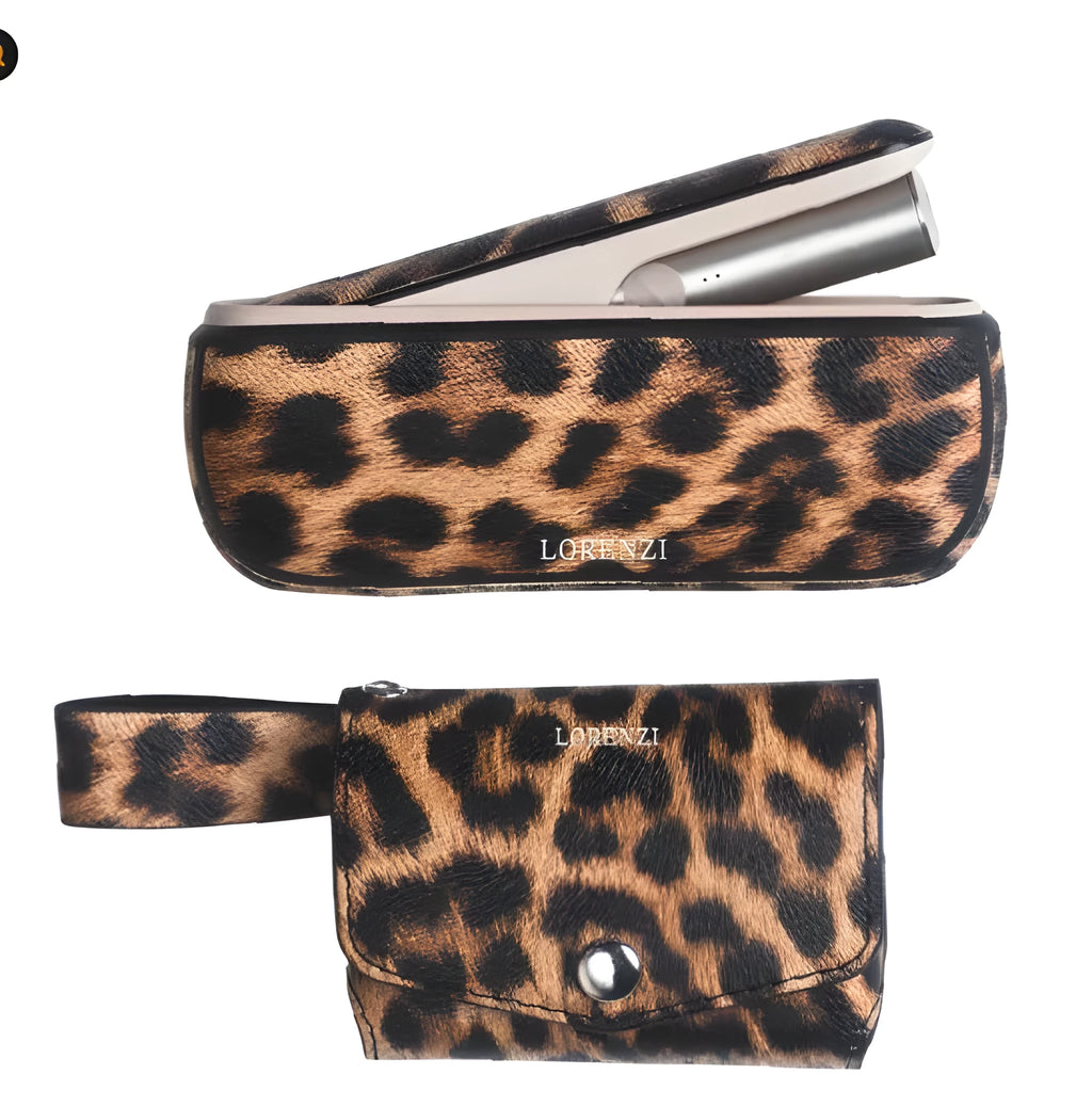 Light luxury fabric protective storage bag in leopard print and yellow colour options, shown with zip open.