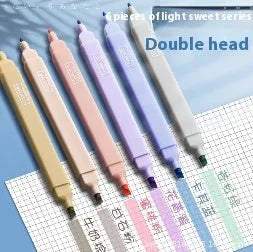 Set of double-headed fluorescent marking pens showing fine and broad tips, in mixed colours.