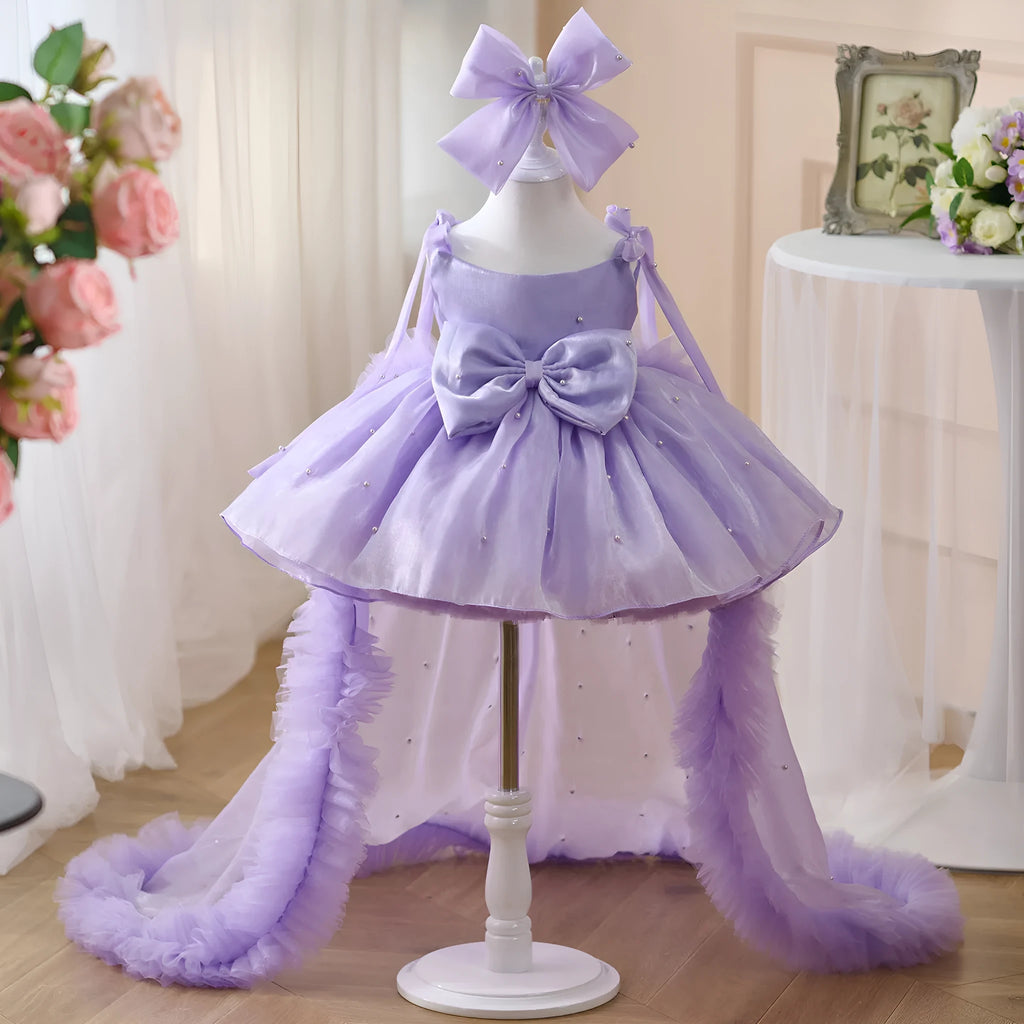 Girls' purple beaded trailing princess dress made from polyester fibre, suitable for heights 80cm to 160cm