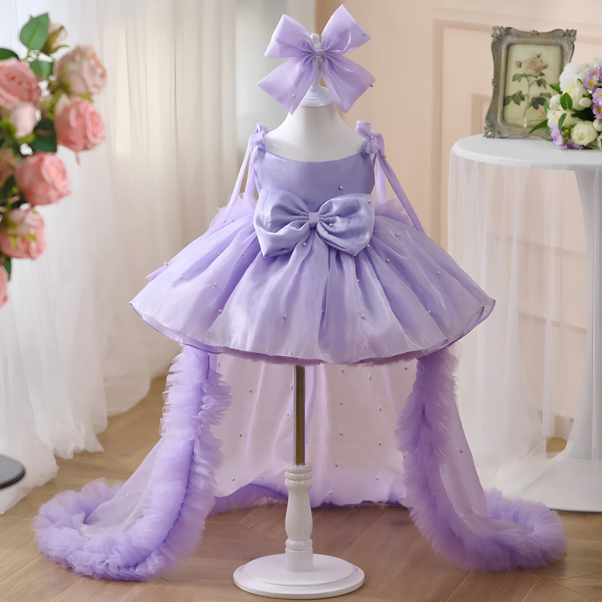 Girls' purple beaded trailing princess dress made from polyester fibre, suitable for heights 80cm to 160cm