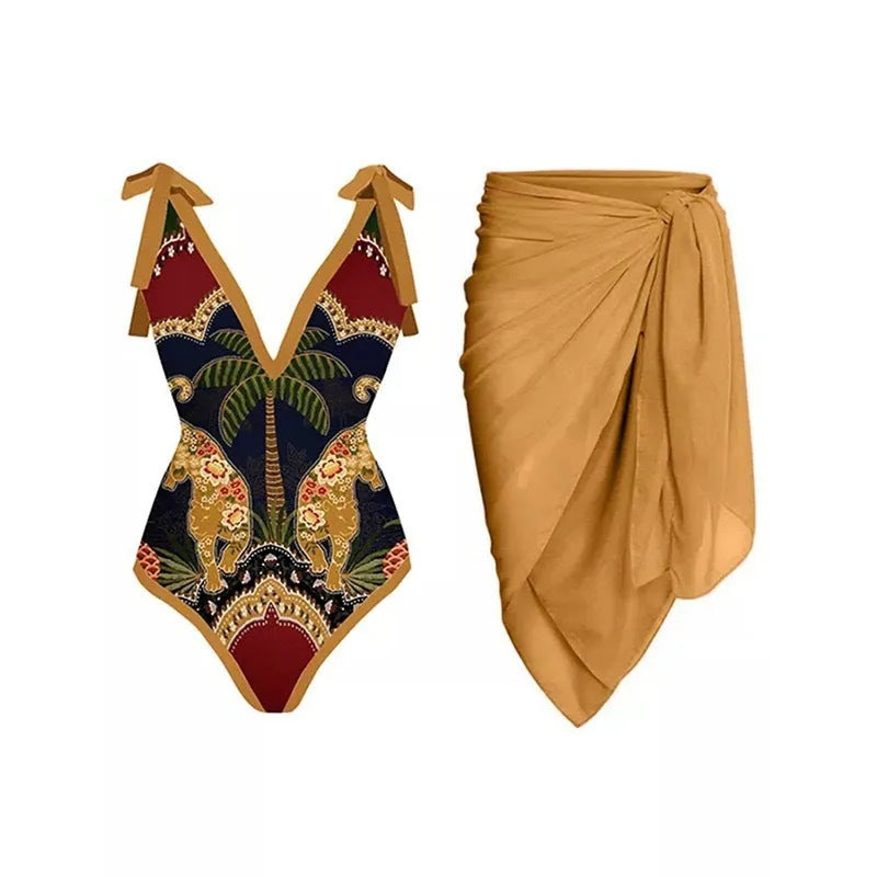 Women's solid colour one-piece swimsuit with spaghetti straps and a detachable skirt.