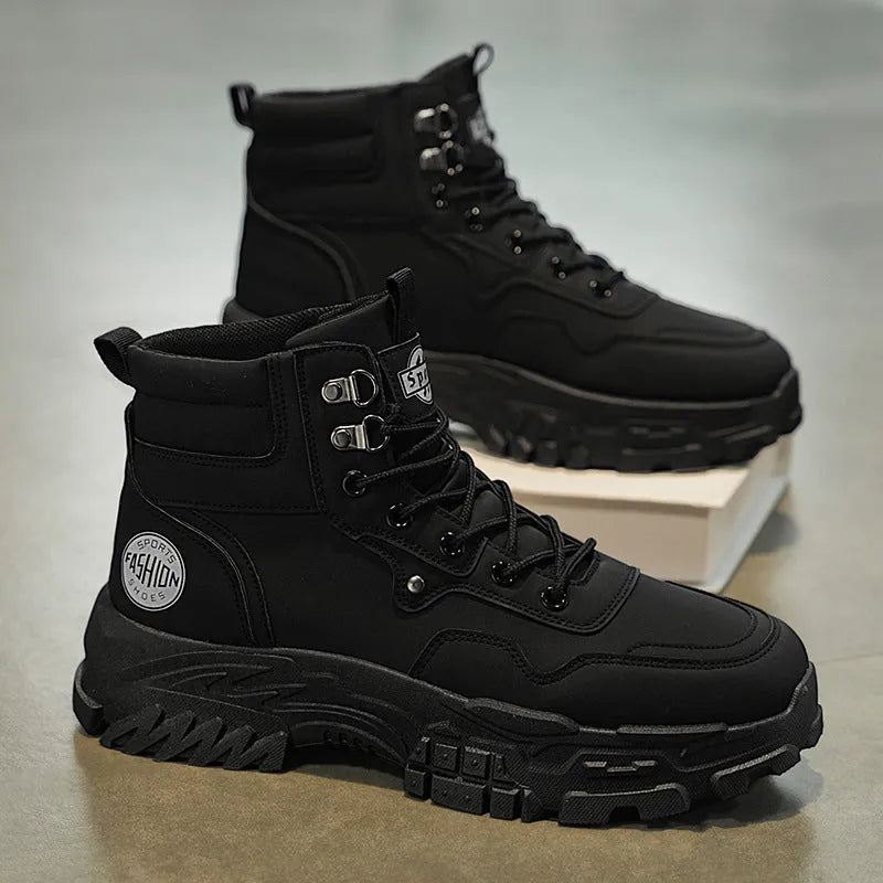 Men's black and yellow Martin boots with artificial PU upper and mid-calf length