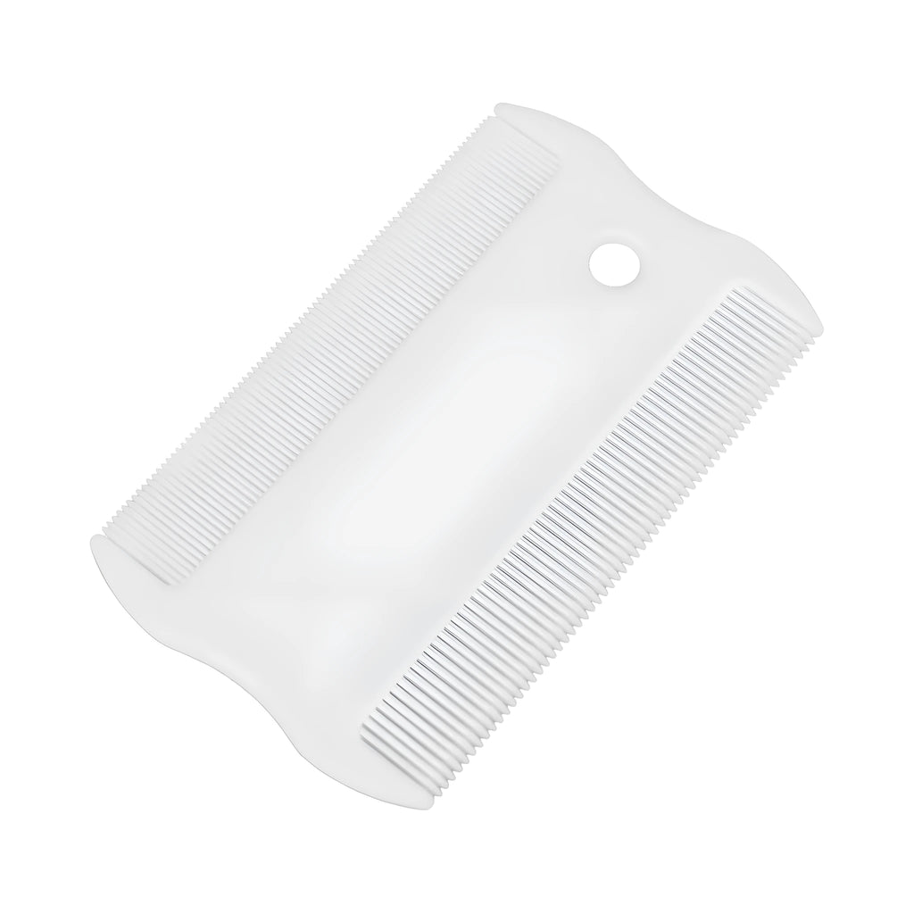 Double sided plastic flea comb for pets with dense teeth and compact grate mouth design.