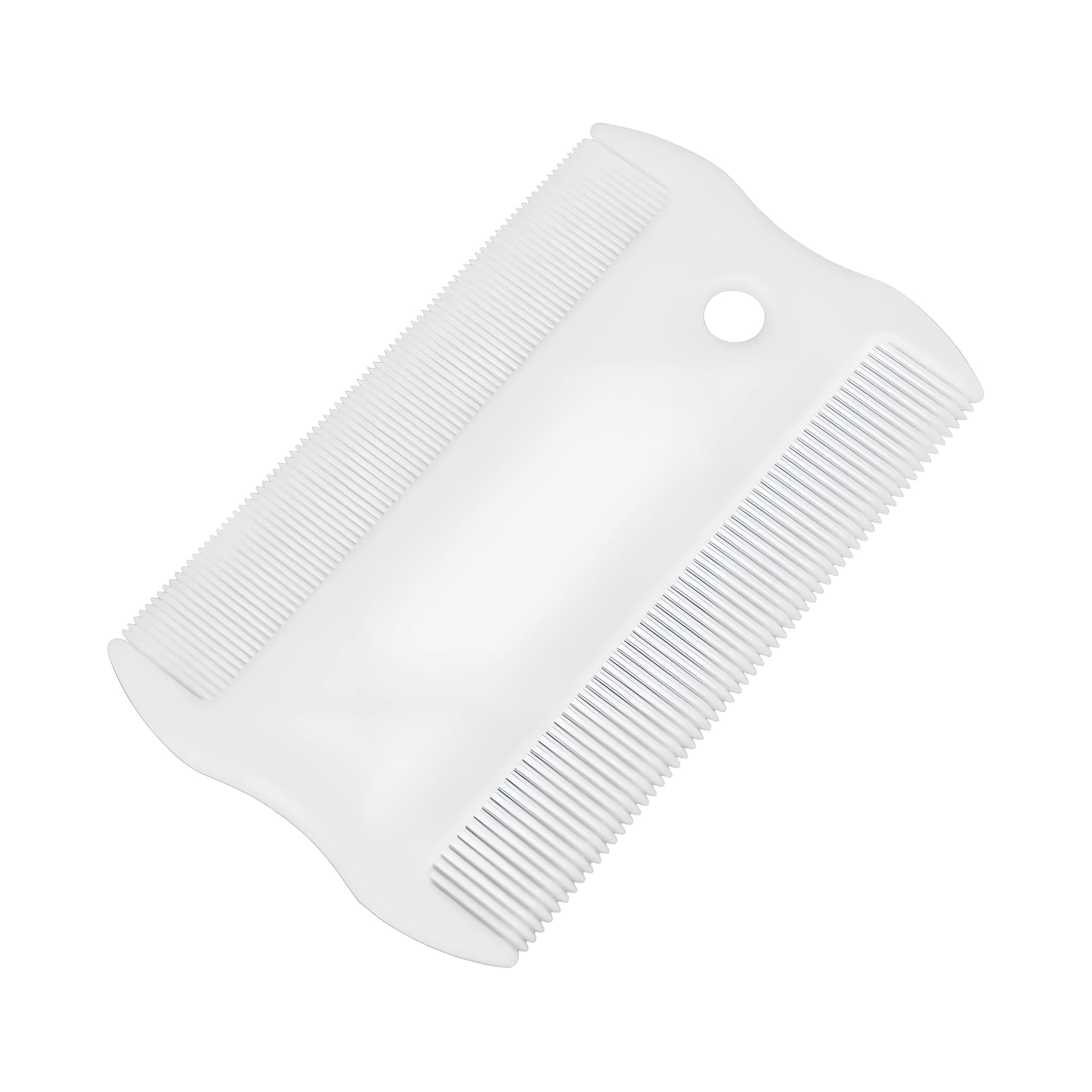 Double sided plastic flea comb for pets with dense teeth and compact grate mouth design.