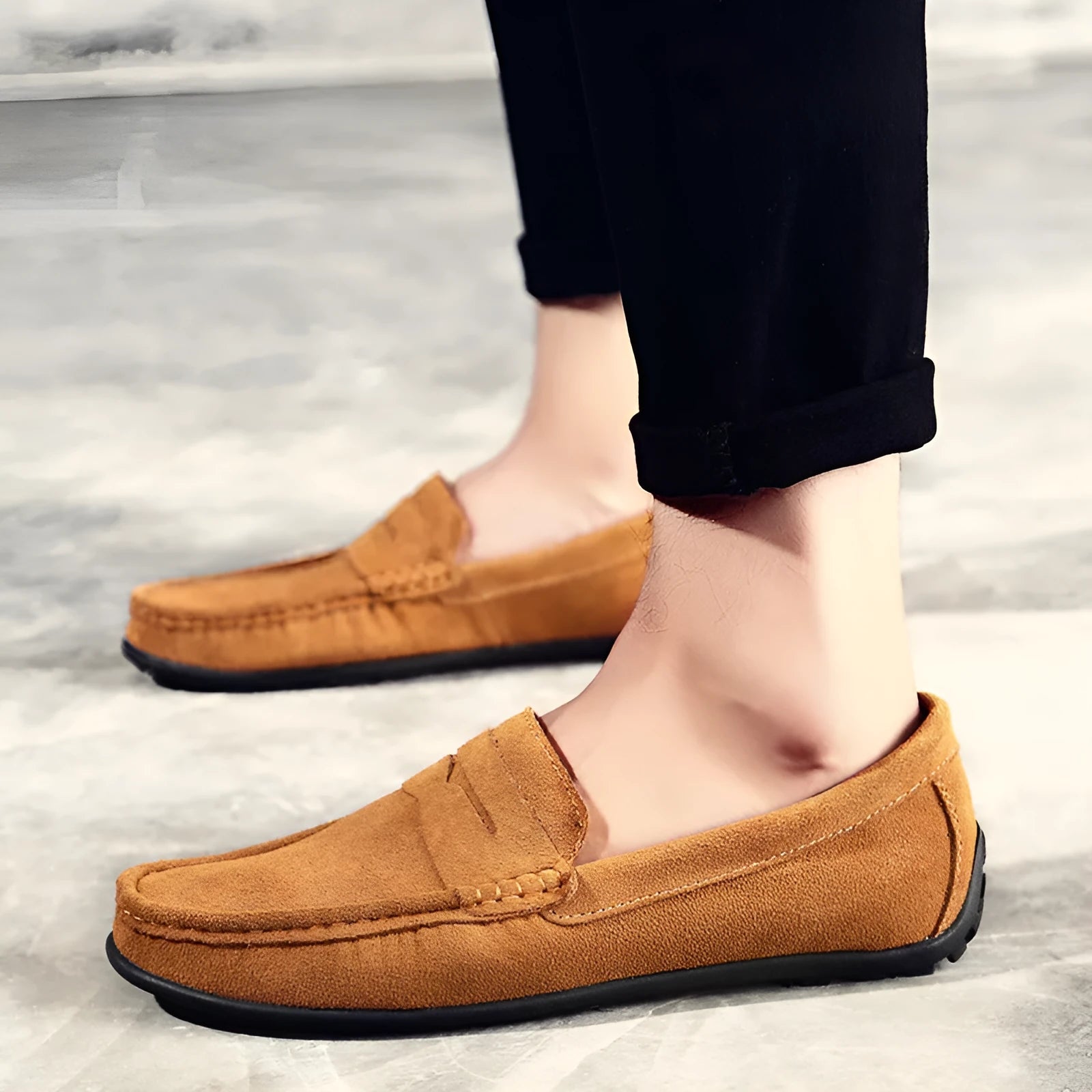 Men's brown suede casual slip-on loafers with a round toe and flat rubber sole