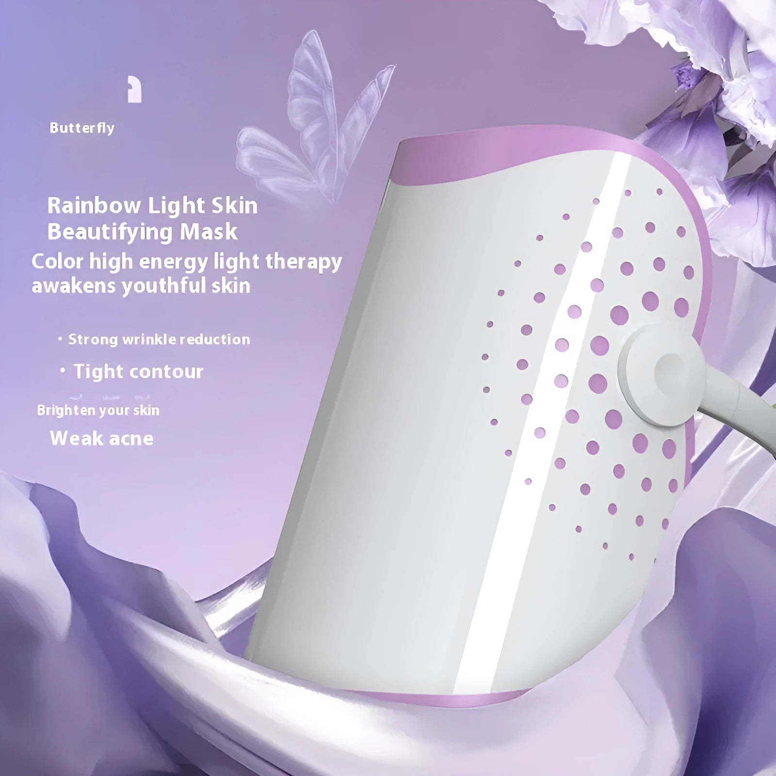 White and purple photon IPL beauty mask device for home skincare with plug-in power cable