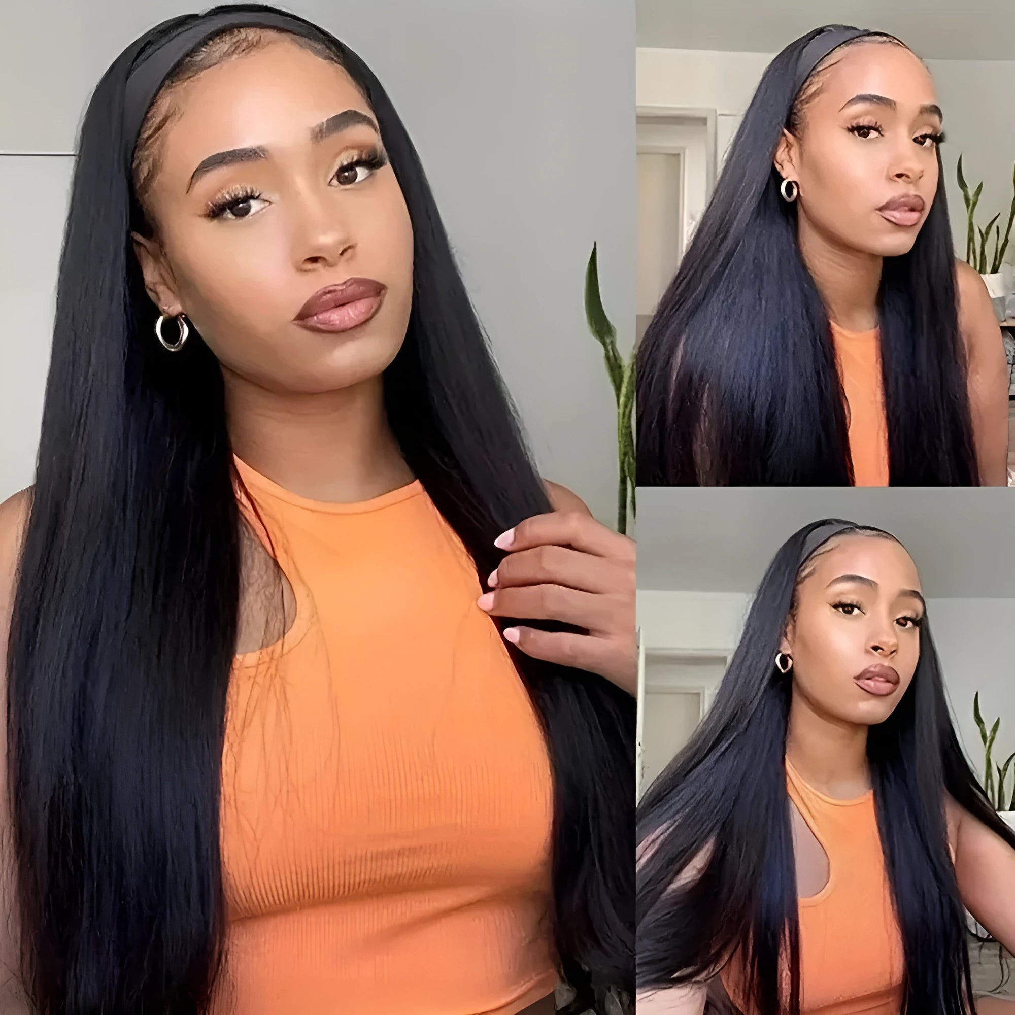 Headband wig with long straight black hair and integrated headband