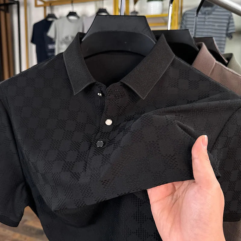 Black thin ice silk T-shirt with a rhombus pattern, short sleeves, and a side slit hem detail.