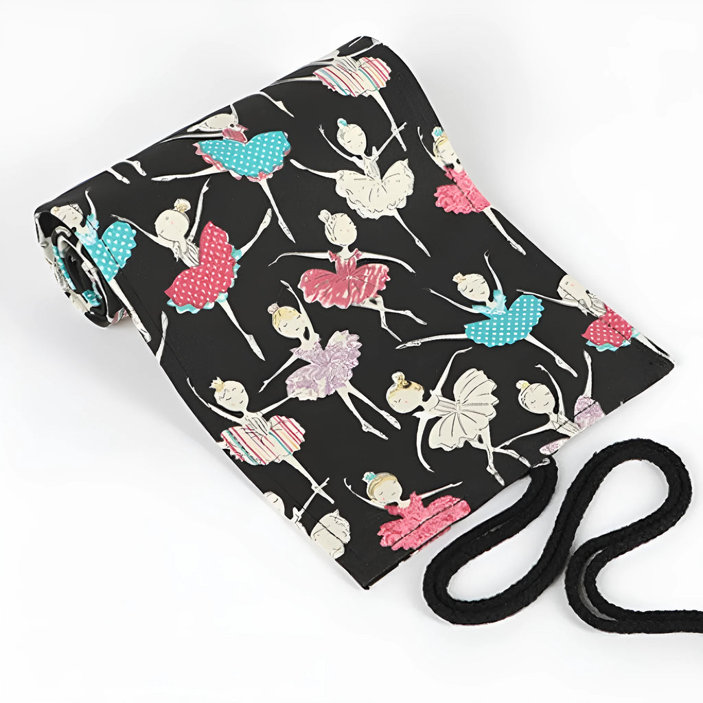 Square canvas pencil case with ballet girl print, shown open to display rolling storage for multiple pencils.