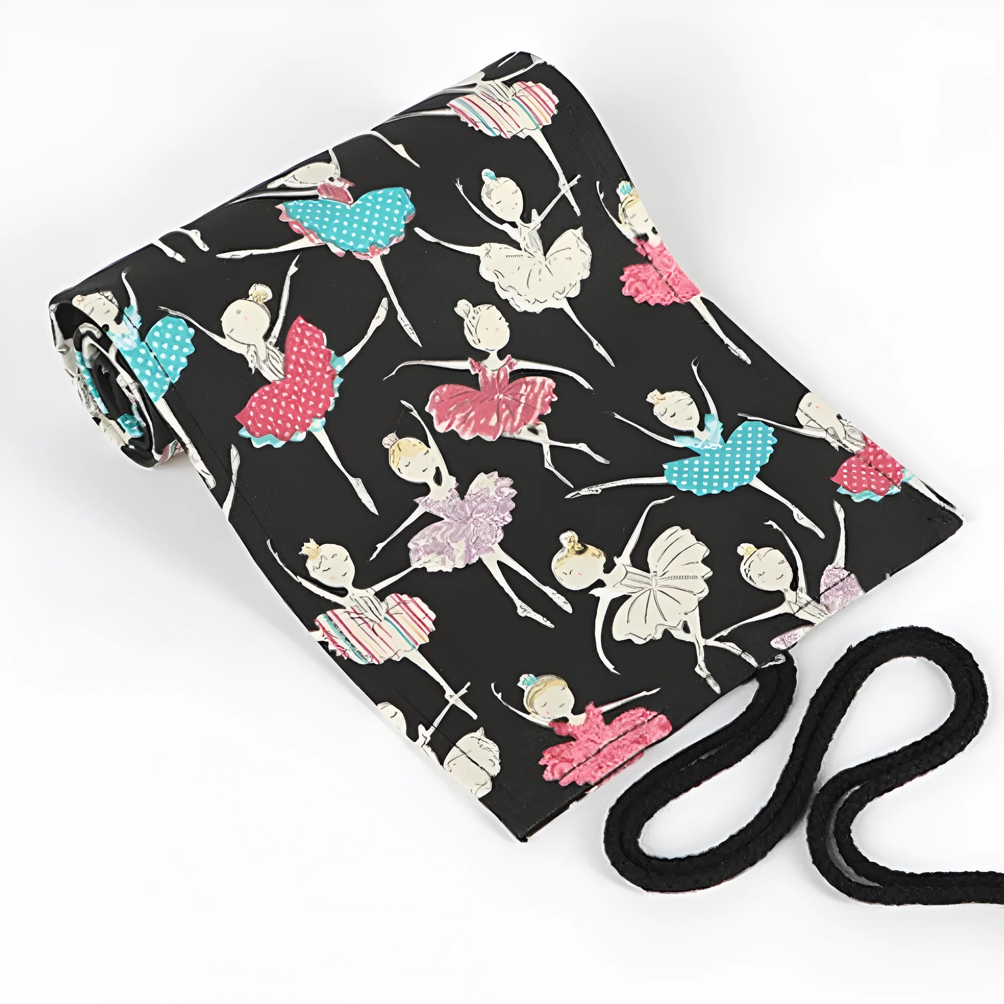 Square canvas pencil case with ballet girl print, shown open to display rolling storage for multiple pencils.