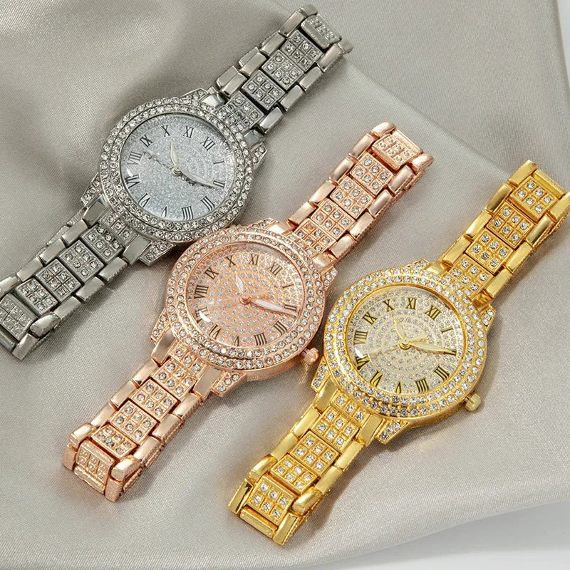 Women's starry rhinestone watch with quartz movement, alloy case, and Roman numeral dial in silver finish