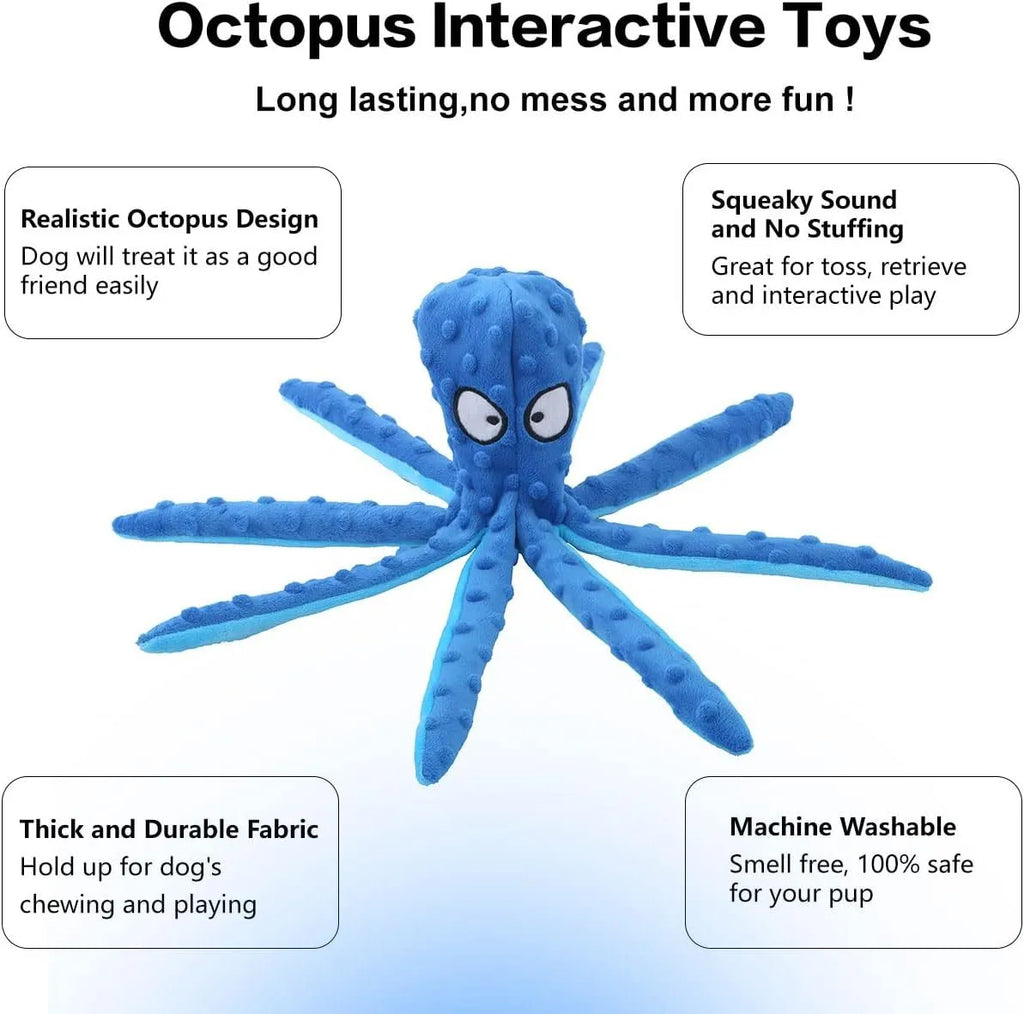 Blue octopus-shaped dog toy with tentacles, no stuffing, suitable for chewing and interactive play
