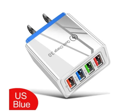 Luminous 4-port USB mobile phone charger in selected colour with indicator light, showing EU or US plug type.