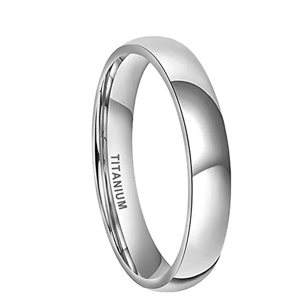 Polished silver titanium steel unisex ring shown in 2mm, 4mm, and 6mm width options.