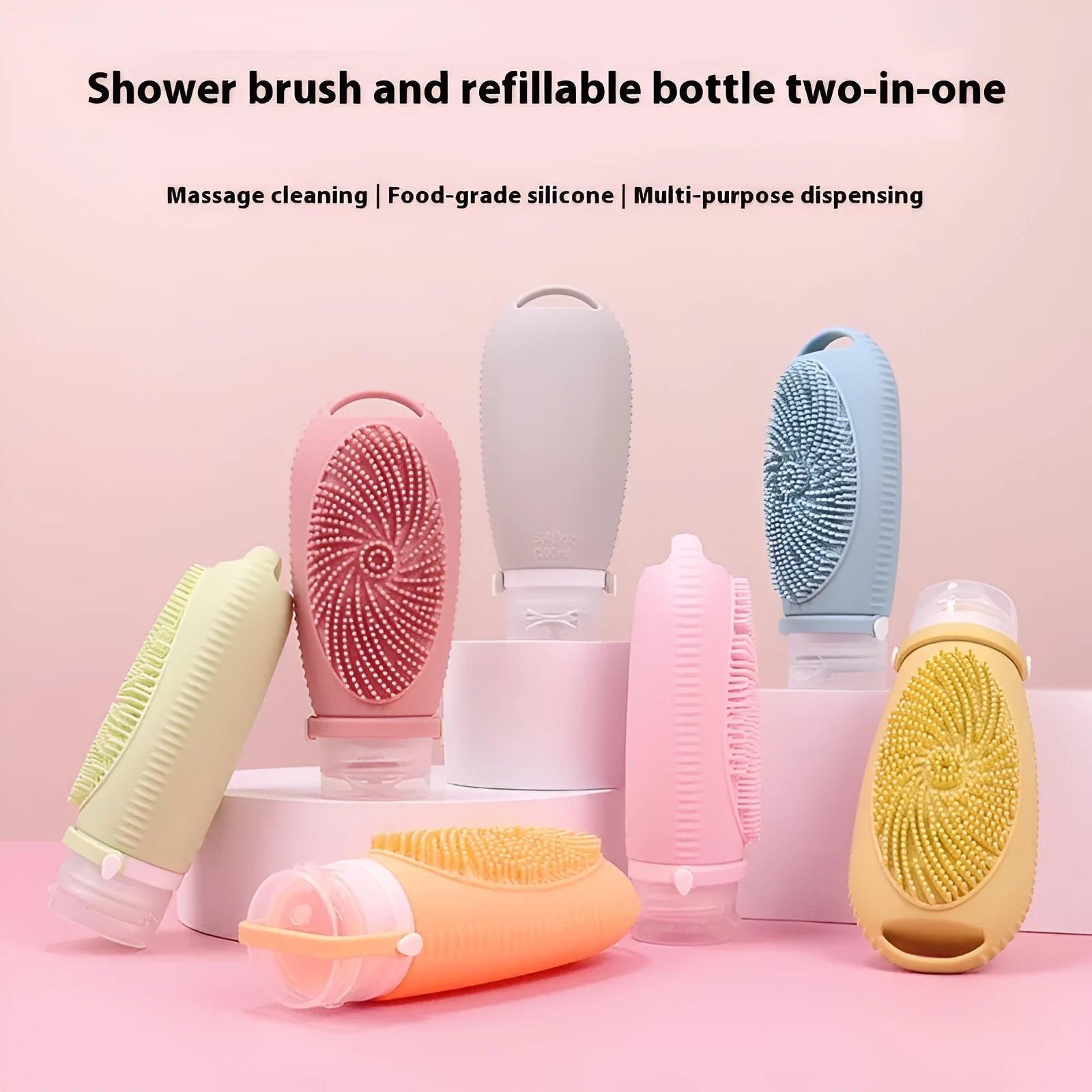 Silicone bath brush storage bottle in a selection of colours including pink, orange, and light grey.