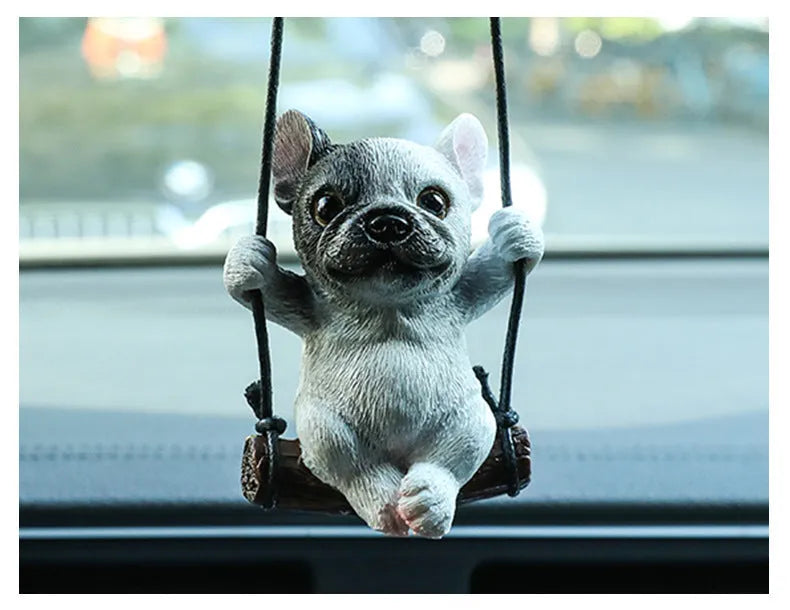 Resin cartoon bulldog car hanging ornament for rearview mirror in black, white, or yellow.