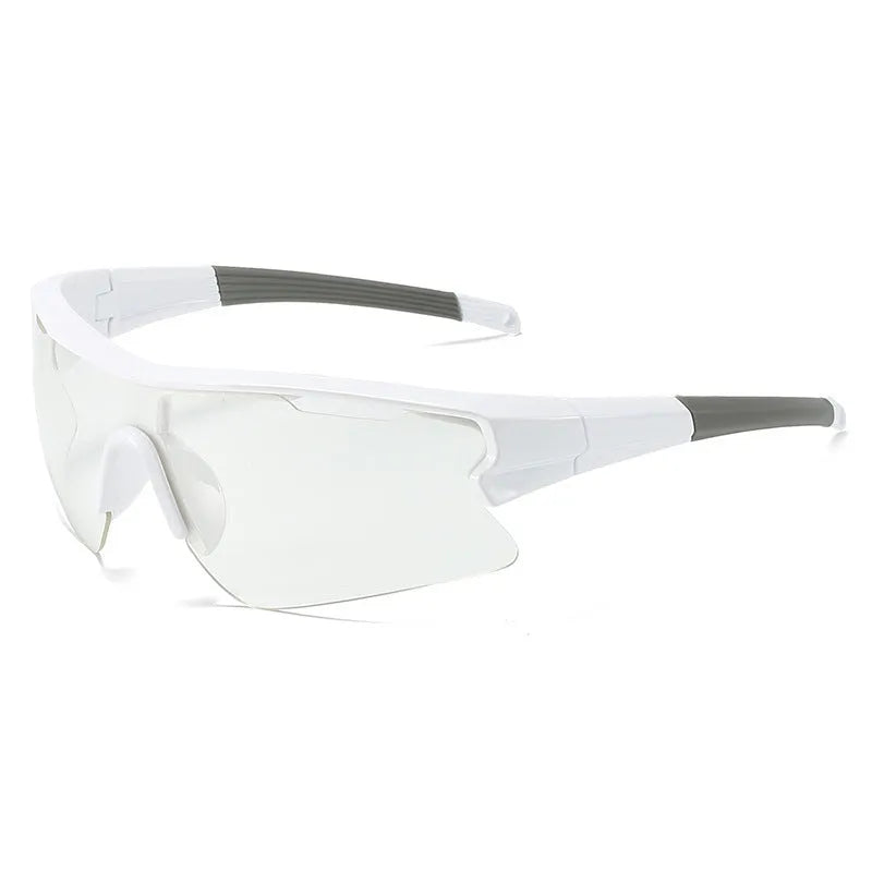 Windproof sports sunglasses with interchangeable lenses shown in black frame and grey lens option.