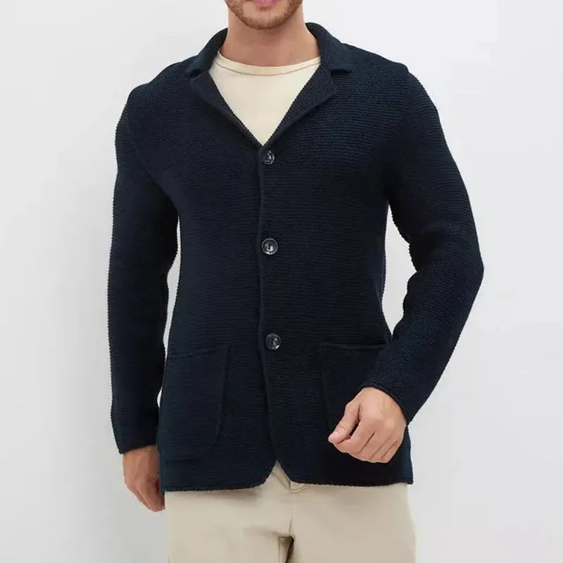 Men's knitted cardigan sweater jacket with lapel collar in black, slim fit long sleeve acrylic yarn winter wear