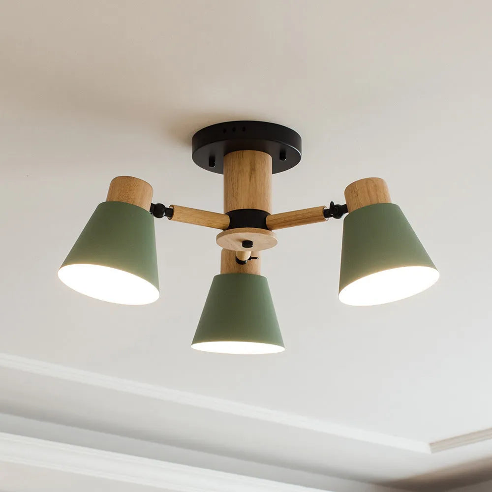 Nordic ironwood ceiling lamp with macaron design in multiple head configurations
