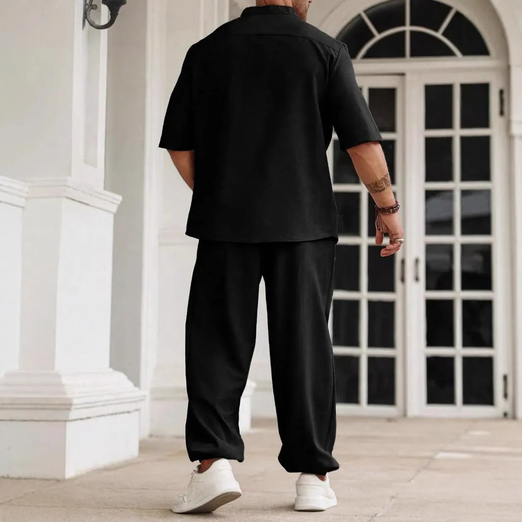 Men's cotton linen casual trousers set with short-sleeved button shirt in black, gray, or apricot