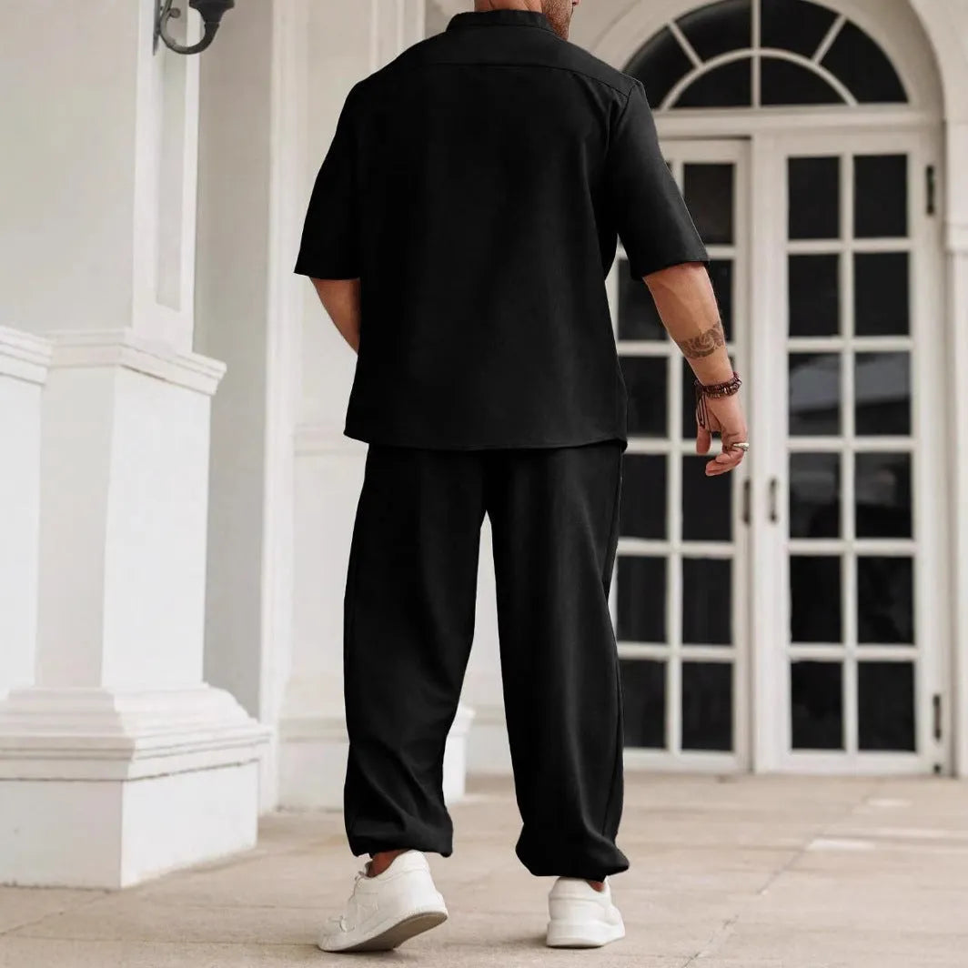 Men's cotton linen casual trousers set with short-sleeved button shirt in black, gray, or apricot