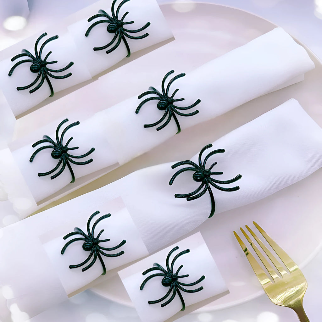 Six black spider alloy napkin rings for Halloween table decoration with electroplated finish