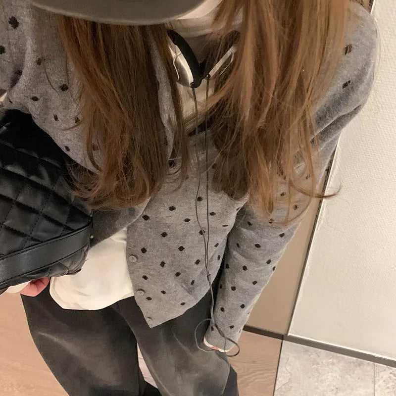 Women's Korean-style grey dot knitted cardigan with crochet flower details and long sleeves