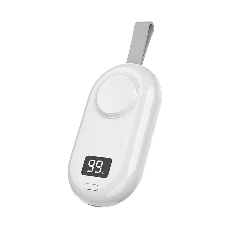 Plastic wireless power bank portable charger showing black and white colour options with dimensions 121.5x49.5x20.2mm