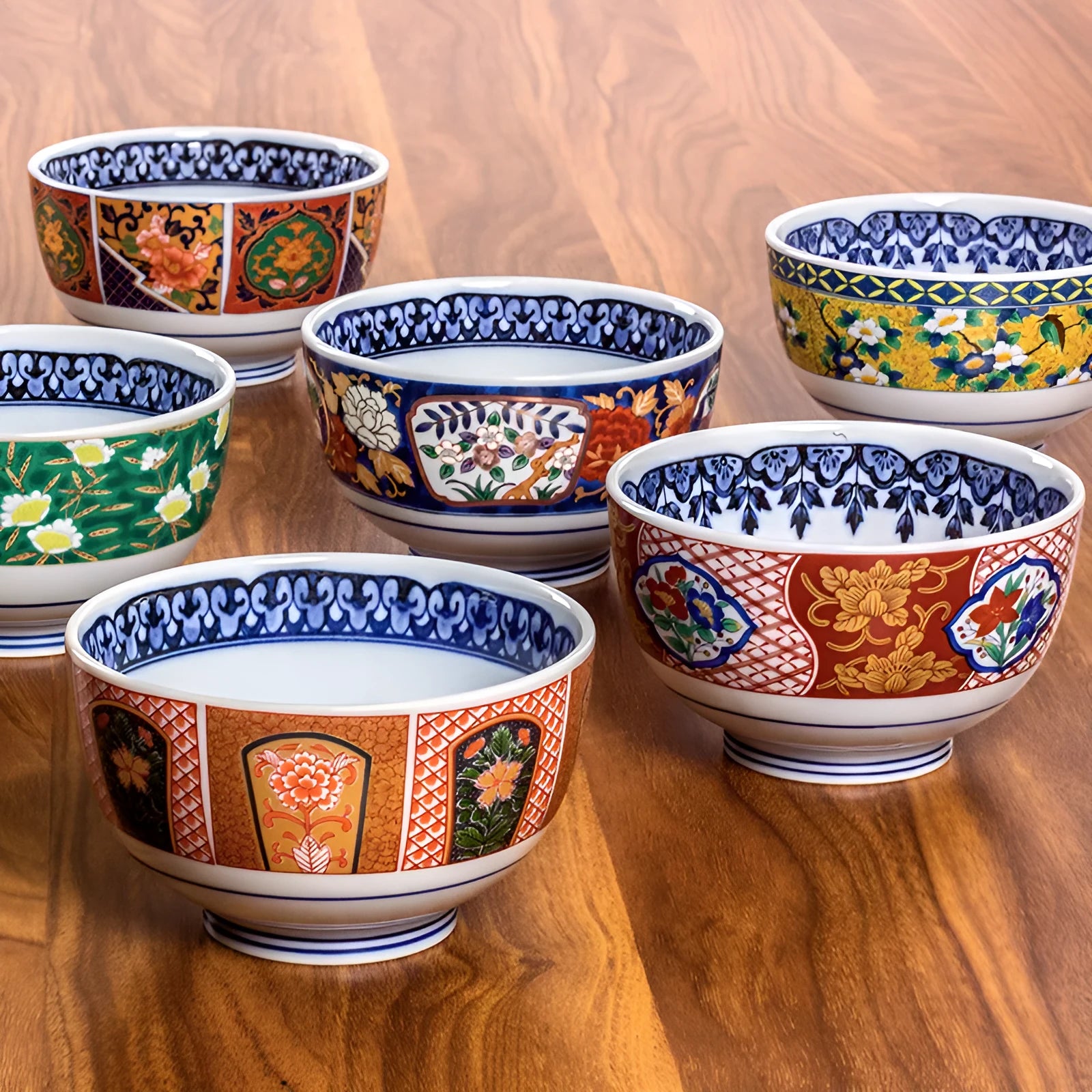 4-inch ceramic bowls with Japanese retro peony patterns in various colours including golden and green