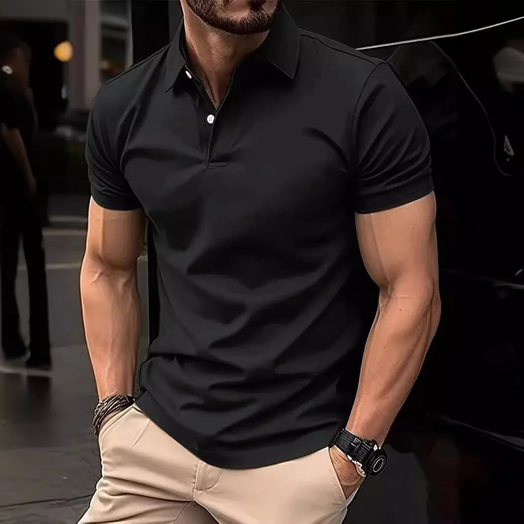 Men's slim fit solid colour cotton blend short sleeve button-down shirt on a hanger.