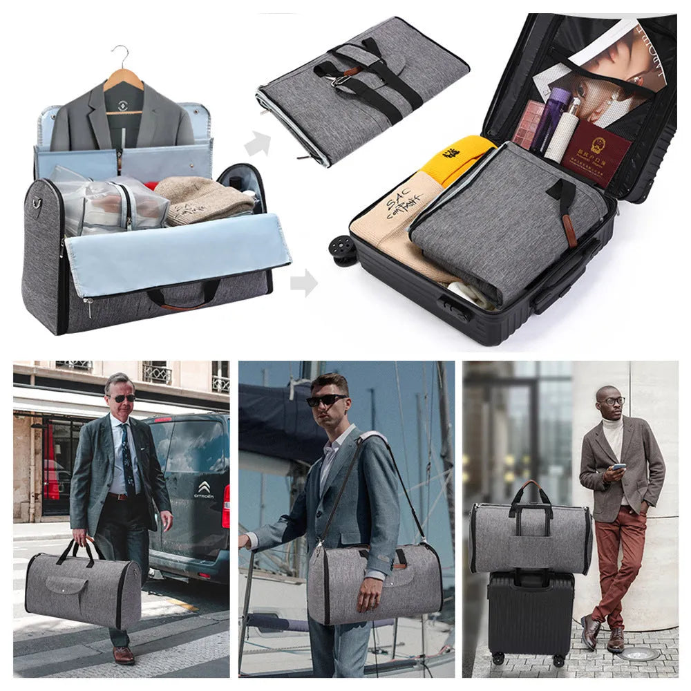 Foldable dark blue Oxford cloth duffel bag with 36-55L capacity for travel and gym.