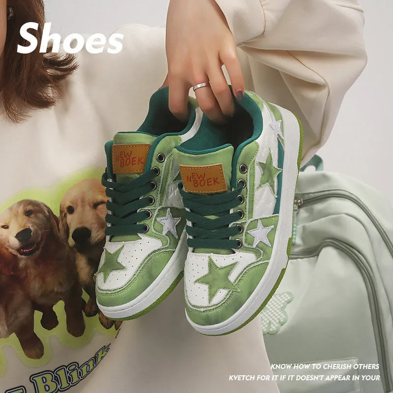 Unisex denim skateboard shoes with flat heel and round toe in black, green, or pink.