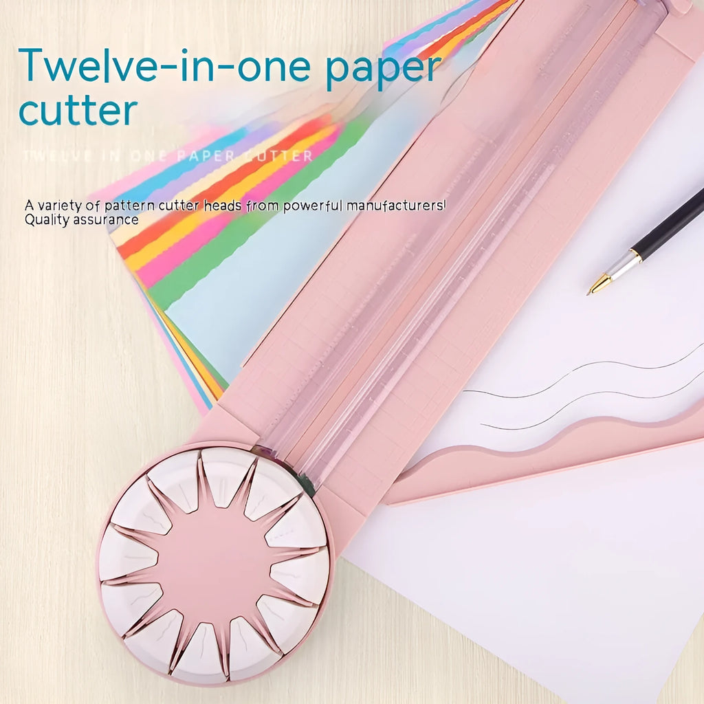 Plastic paper cutting machine with 12 patterns in pink colour on craft table