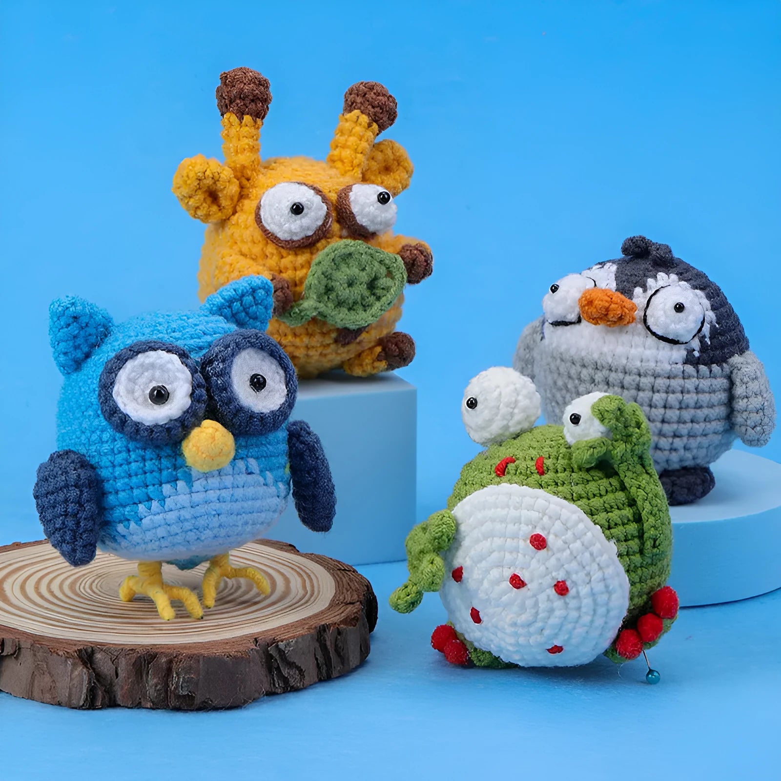 Ugly doll crocheted material package with white wool blend yarn ball and blue-yellow coaster model
