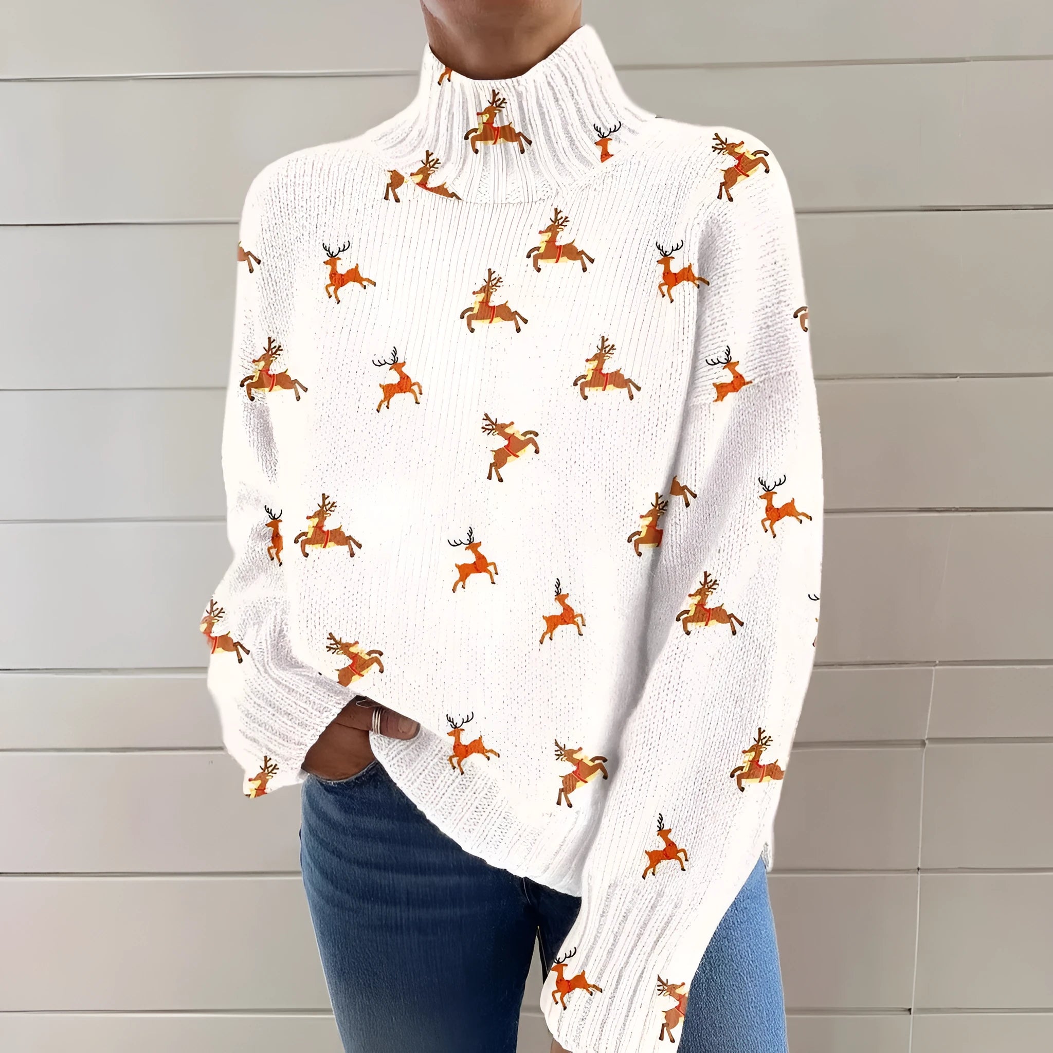 Women's loose fit Christmas printed turtleneck sweater in macaron colours with painting pattern design