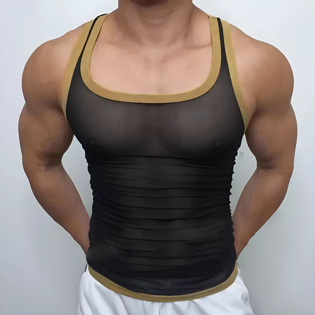 Men's black mesh fitness vest with straight hem design for sports and gym workouts