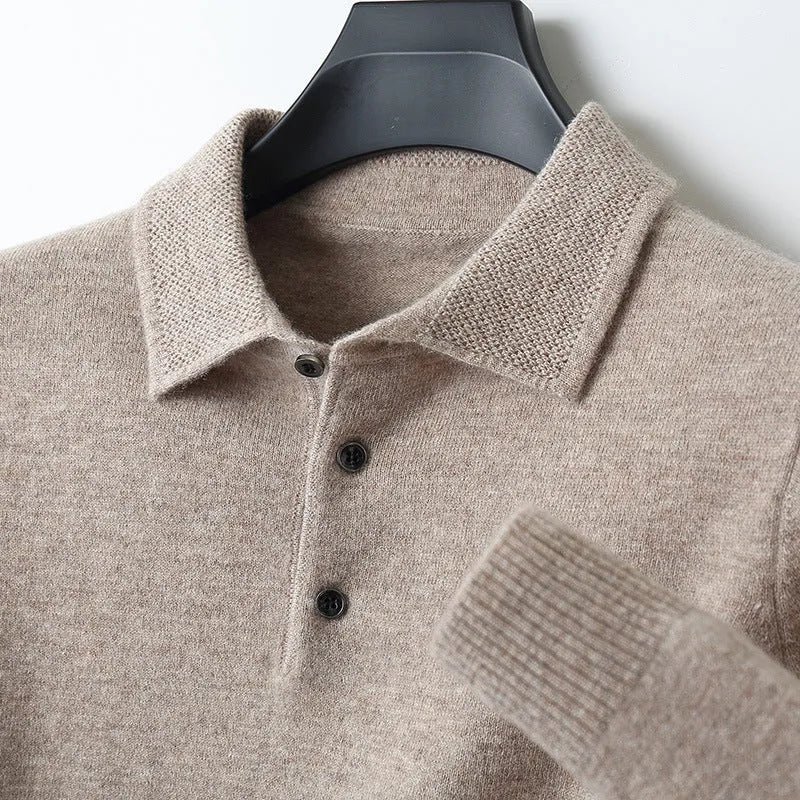Men's wool polo collar pullover sweater in noble blue colour, showing long sleeves and collar detail.