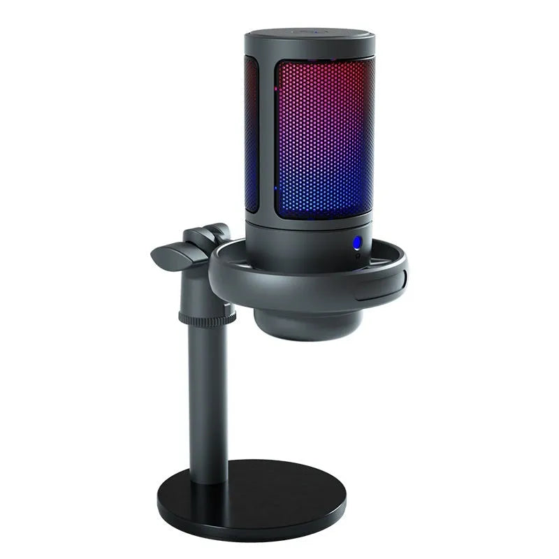 USB condenser microphone with RGB lighting in black, white, and pink colour options.