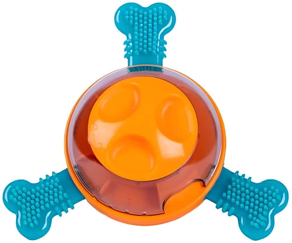 Blue interactive dog slow feeder toy with rubber bones for puppies and small medium dogs.
