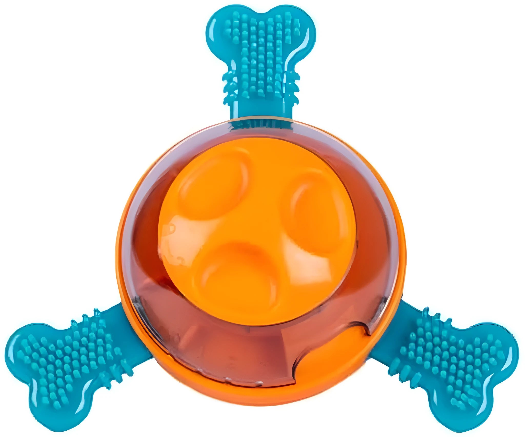 Blue interactive dog slow feeder toy with rubber bones for puppies and small medium dogs.