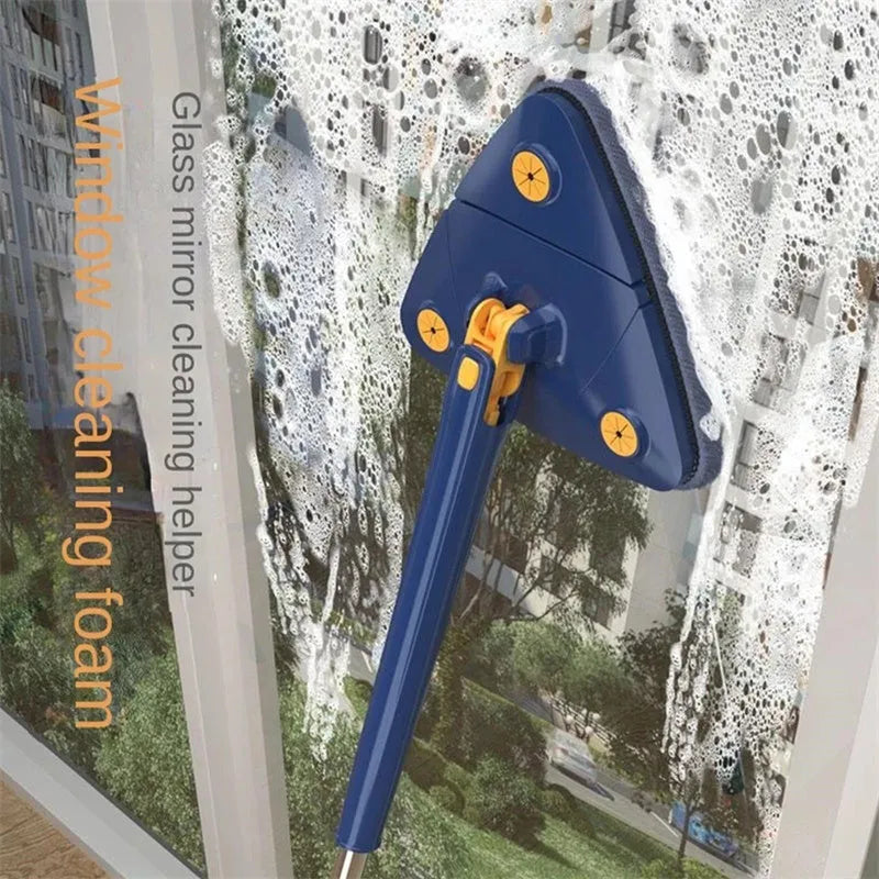 Extendable triangle cleaning mop with rotating head and stainless steel pole in blue colour