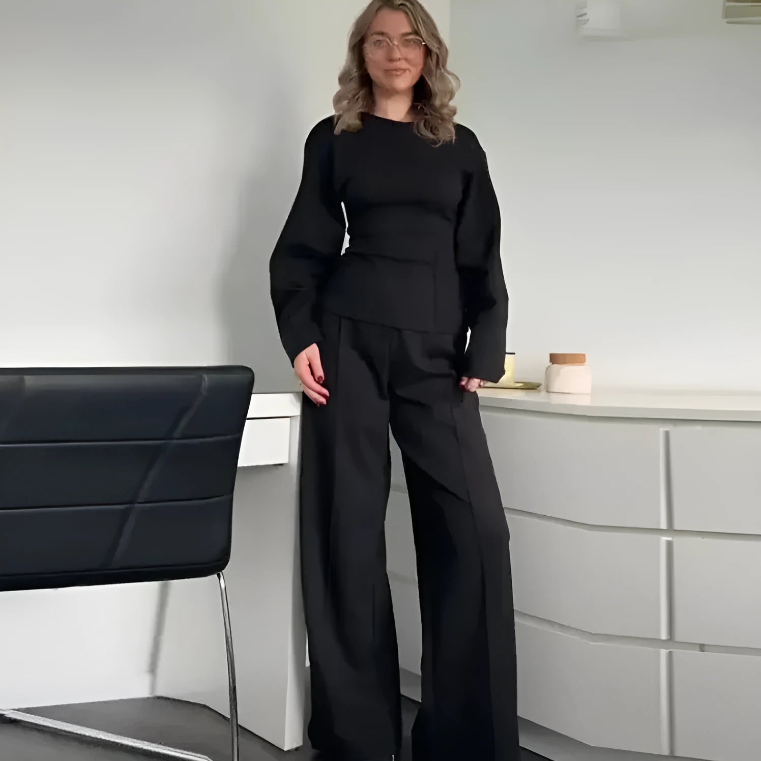 Women's polar fleece suit set with pleated long sleeve top and wide leg trousers in multiple colour options