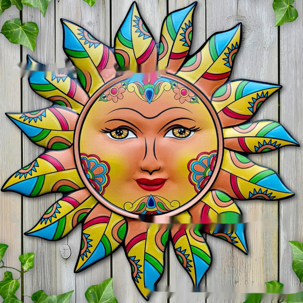 Iron sun face wall hanging decoration with floral metalwork design in multiple colour options