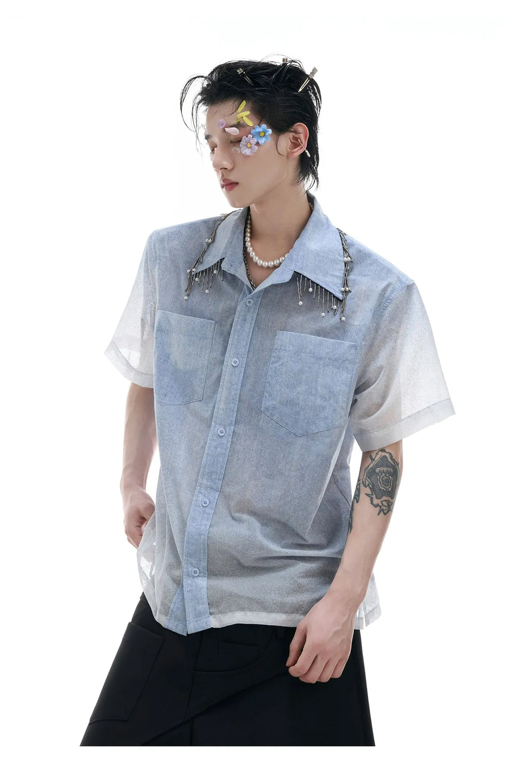 Men's blue and white gradient quilted loose fit short sleeve shirt